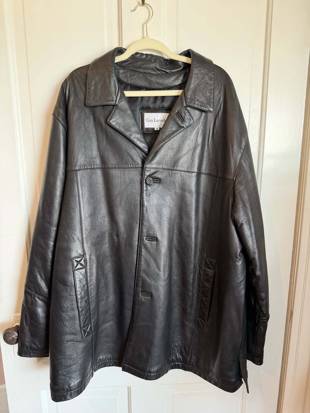 Guy Laroche Leather Jacket Size 48 Black Button Front Coat